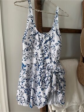White & Blue Floral Tie-Waist One Piece Bathing Suit Dress